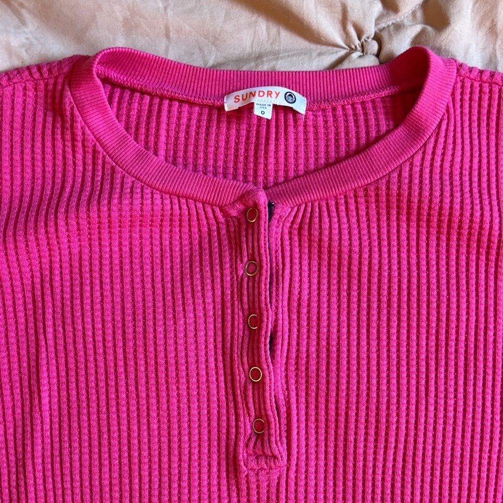 Sundry Waffle knit Long Sleeve Top - Bright Pink - Picture 3 of 5